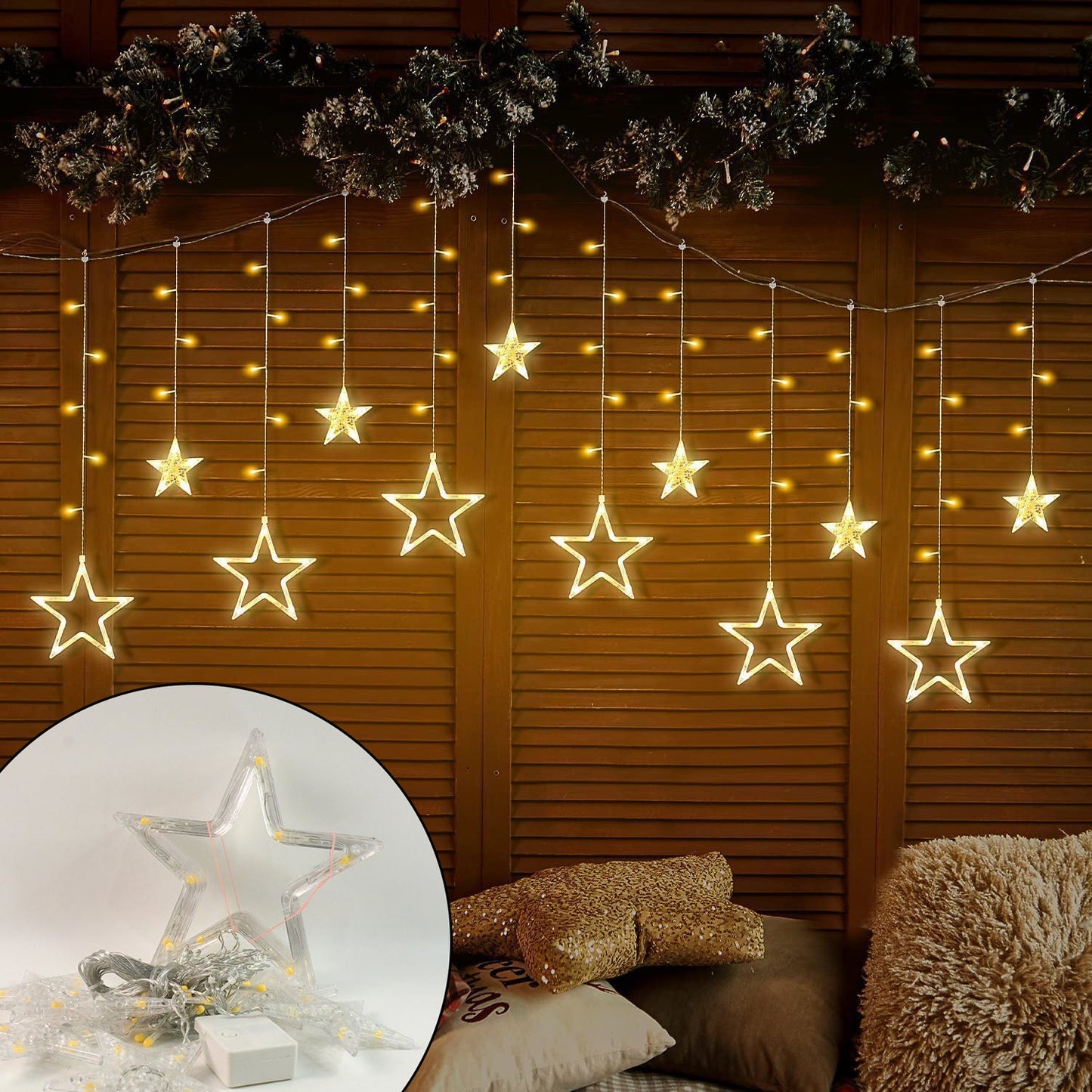12 Stars LED Curtain String Lights with 8 Flashing Modes for Home Decoration, Diwali & Wedding LED Christmas Light Indoor and Outdoor Light ,Festival Decoration (Warm White / With Box)