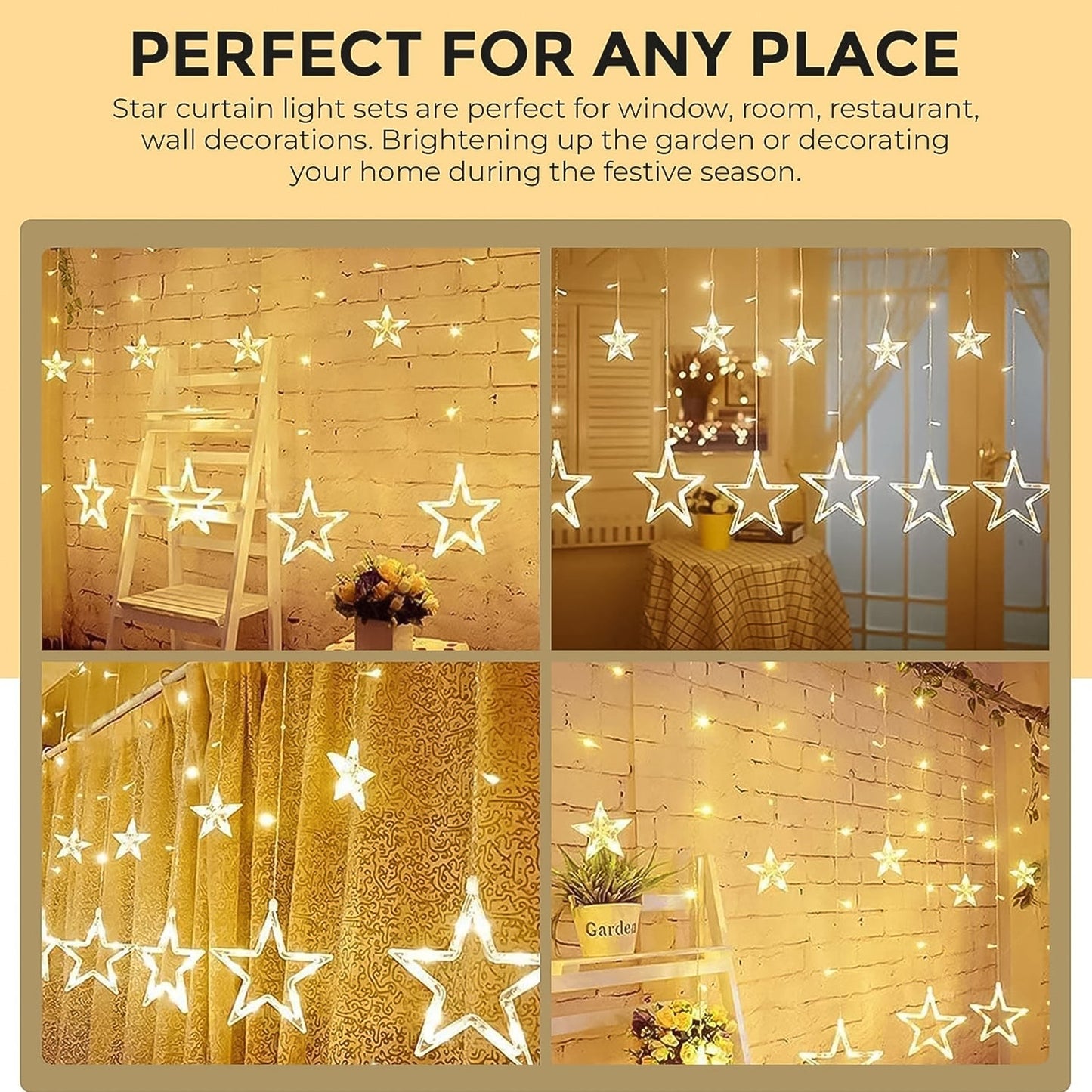 12 Stars LED Curtain String Lights with 8 Flashing Modes for Home Decoration, Diwali & Wedding LED Christmas Light Indoor and Outdoor Light ,Festival Decoration (Warm White / With Box)