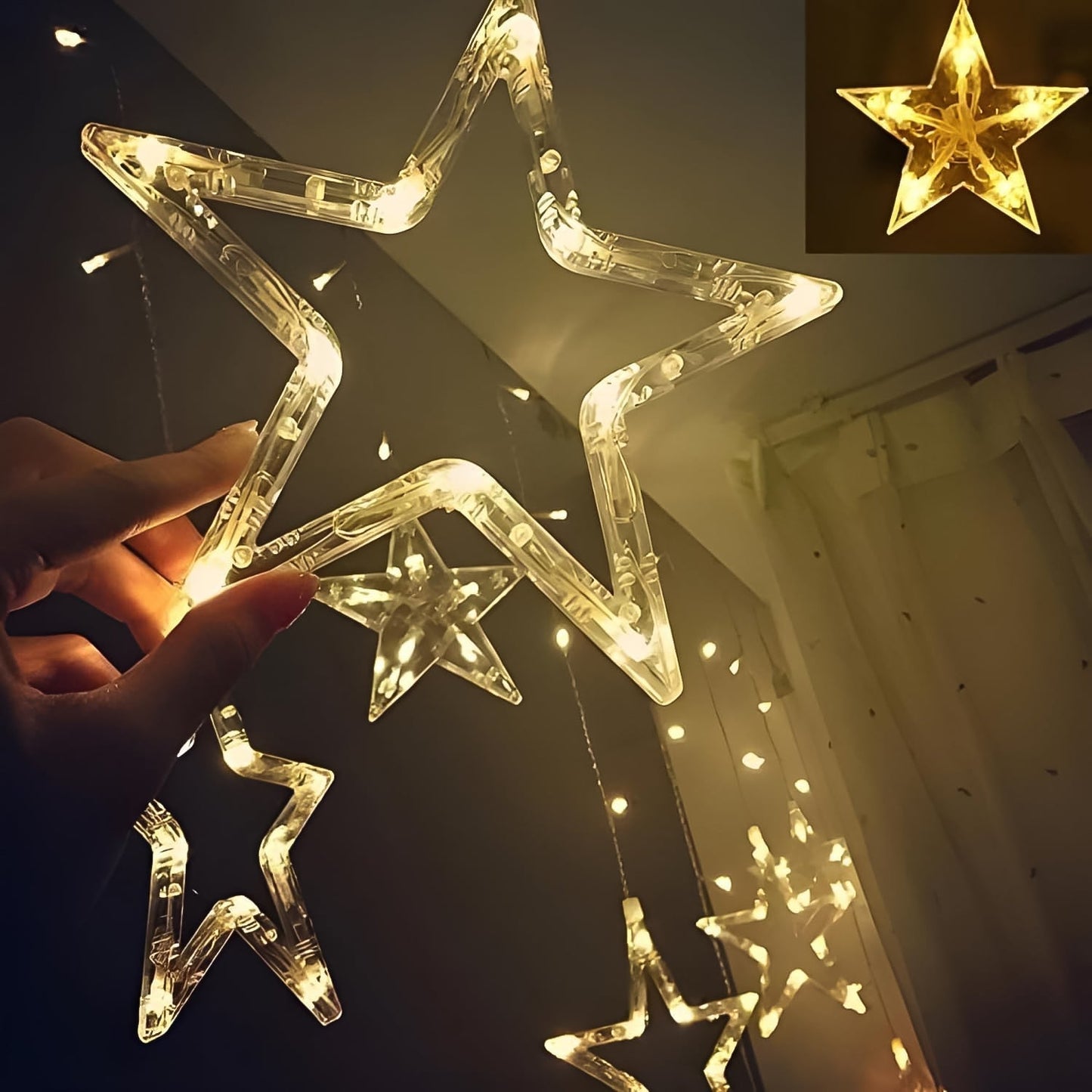 12 Stars LED Curtain String Lights with 8 Flashing Modes for Home Decoration, Diwali & Wedding LED Christmas Light Indoor and Outdoor Light ,Festival Decoration (Warm White / With Box)