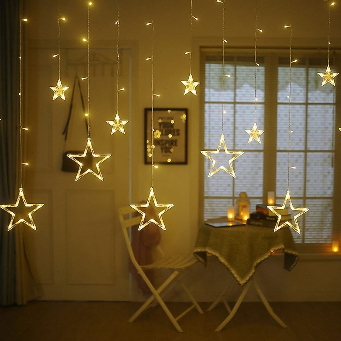 12 Stars LED Curtain String Lights with 8 Flashing Modes for Home Decoration, Diwali & Wedding LED Christmas Light Indoor and Outdoor Light ,Festival Decoration (Warm White / With Box)