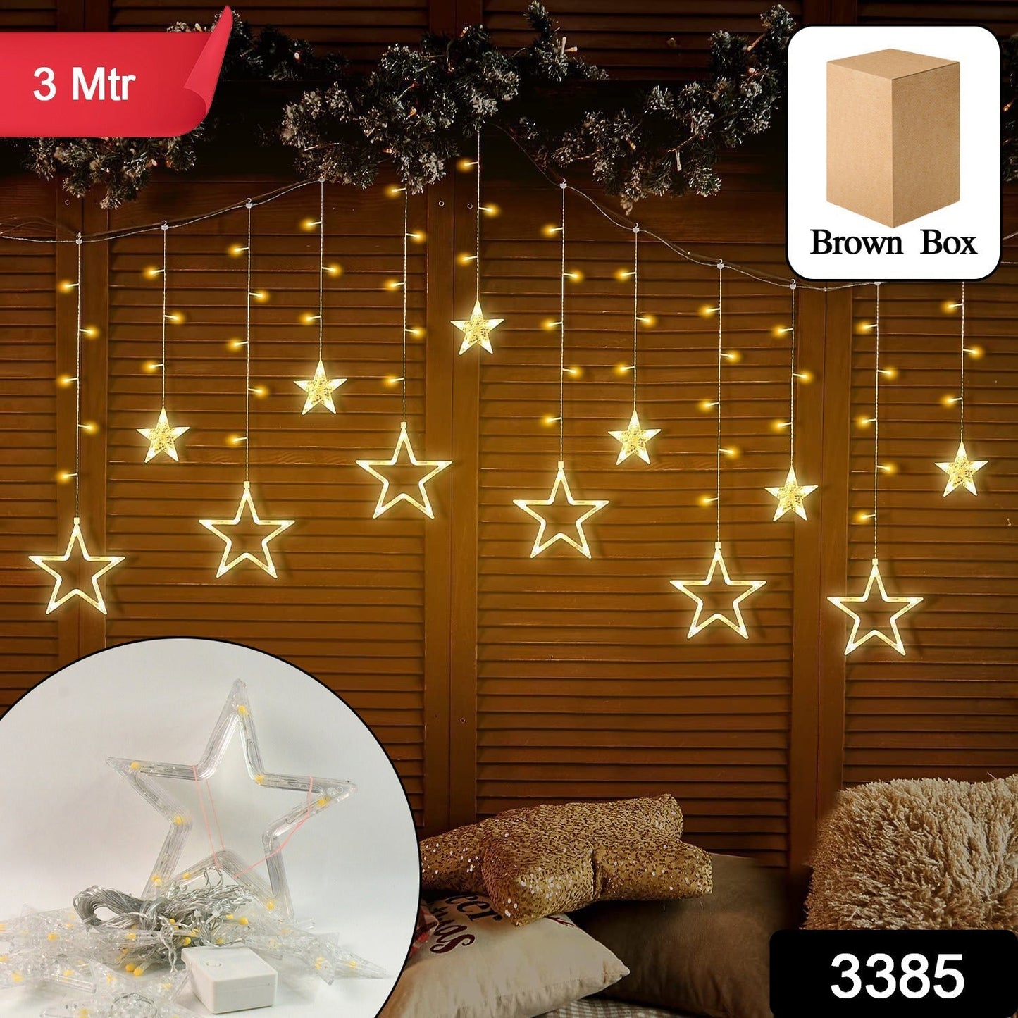 12 Stars LED Curtain String Lights with 8 Flashing Modes for Home Decoration, Diwali & Wedding LED Christmas Light Indoor and Outdoor Light ,Festival Decoration (Warm White / With Box)