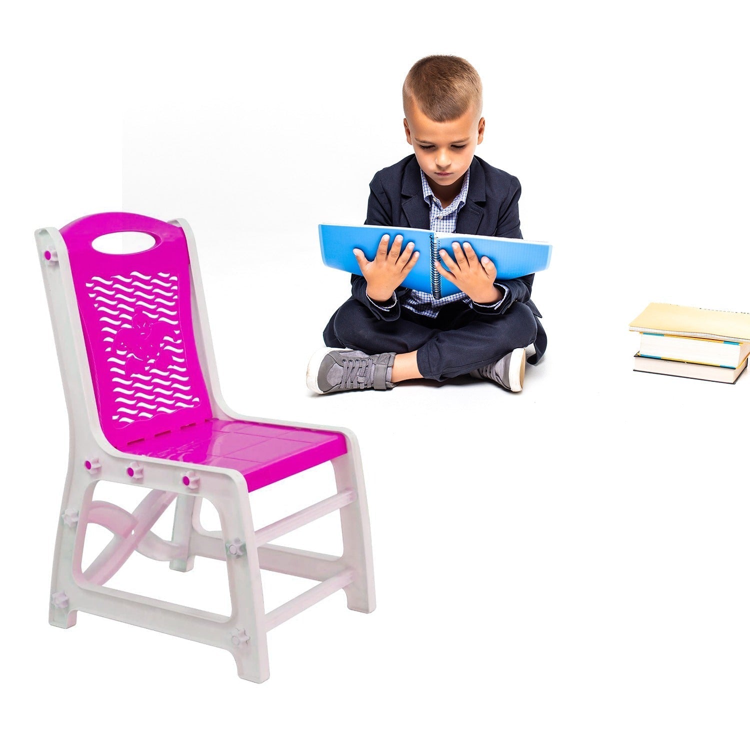 Study table and chair set for boys and girls in pink, made of high-quality plastic with a pencil box.