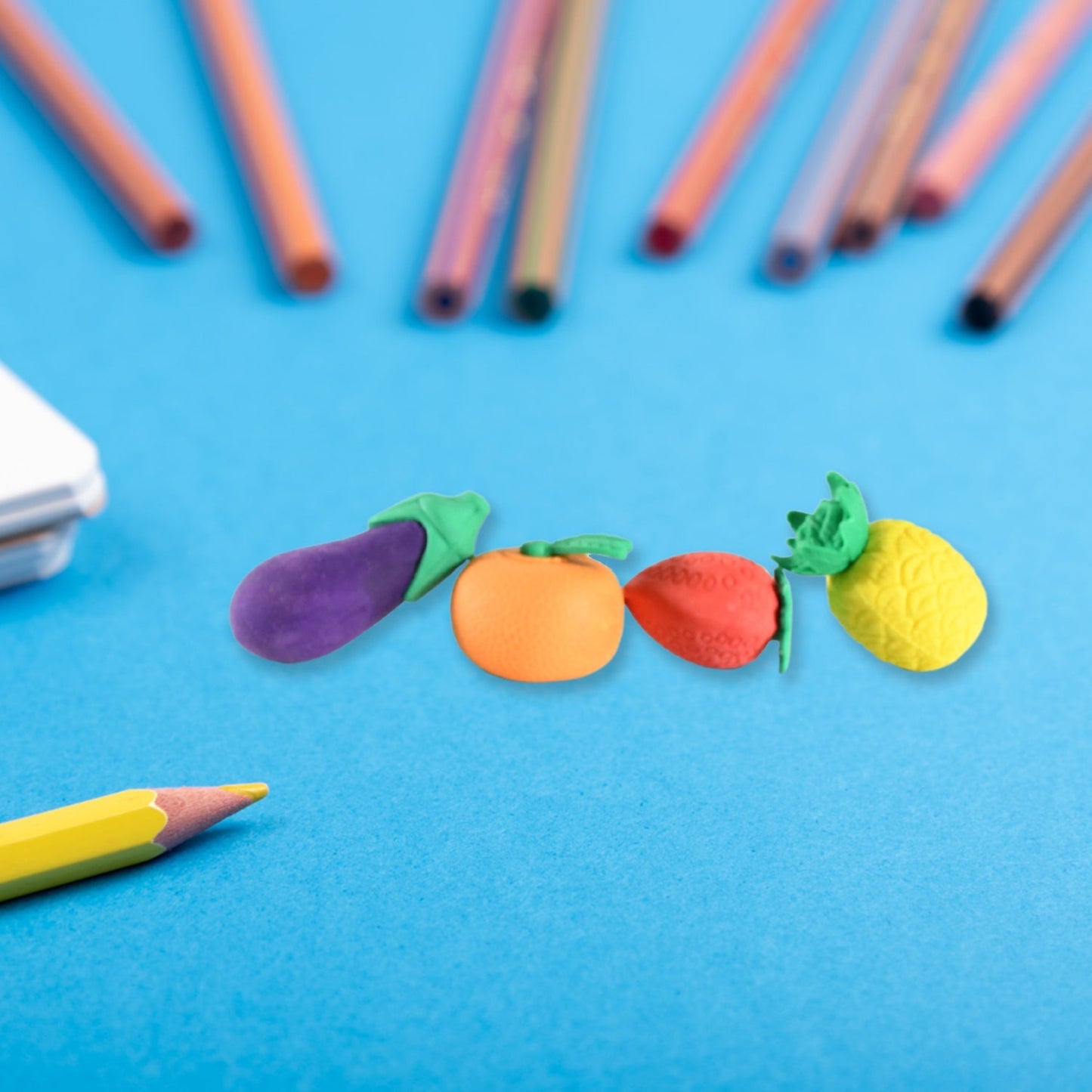 Mini Cute Veg & Fruit Erasers – 3D Colorful Eraser Set for Kids (4 Pc)