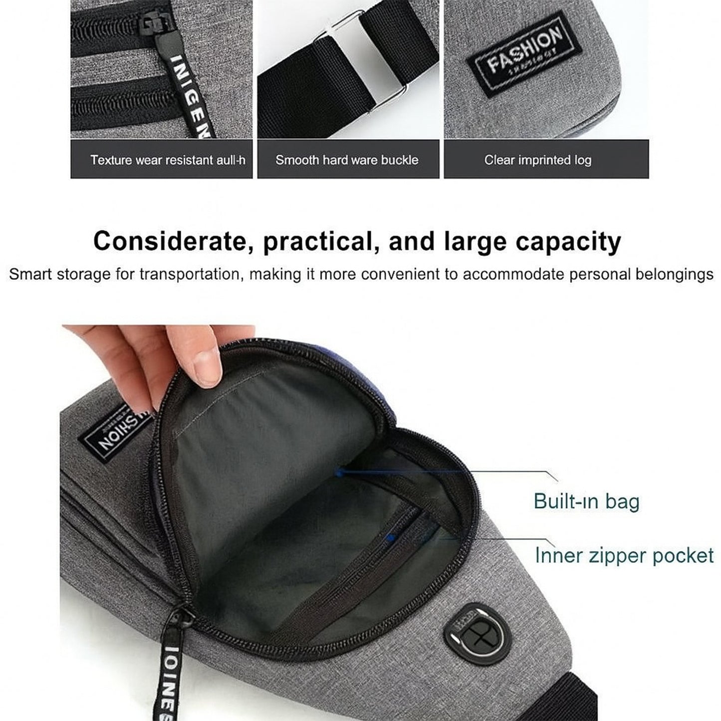 Waterproof Anti Theft Cross-body fanny pack waist bag, Shoulder Bags Chest Men Casual fashion USB Charging earphone hook Sling Travel Bag (1 Pc)