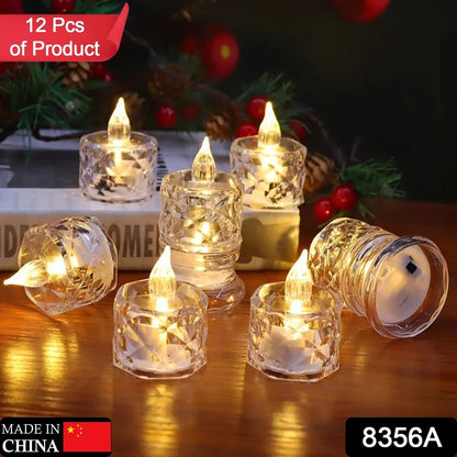 12 Pcs Flameless and Smokeless Decorative Acrylic Candles Transparent Led Tea Light Candle for Gifting, House, Diwali, Christmas, Festival, Events Decor Candles, Diwali