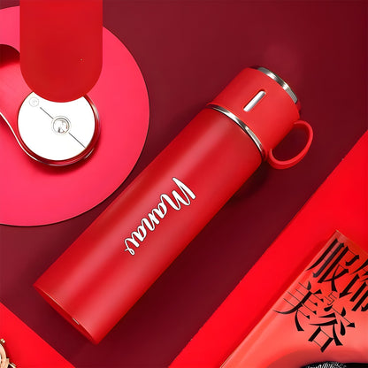 Customized Stainless Steel Vacuum Flask Set with 3 Cups – 500ML | Personalized Name Bottle Gift Combo for Boyfriend, Girlfriend, Employee