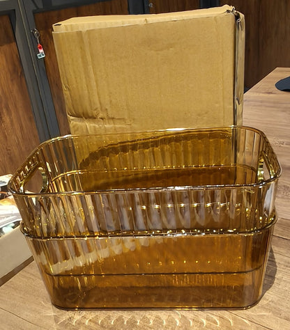 Premium Ribbed Transparent Storage Basket with Gold Handle – Multipurpose Kitchen &amp; Home Organizer Box (25x14cm / 2 Pc)